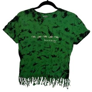 Yazbek Green Tie Dye Fringe Hem Mexico Resort Short Sleeve Crop Tee T Shirt